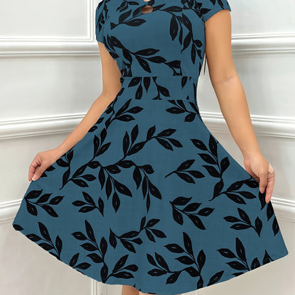 Vestido Elegante de Impresión de Hojas con Corte Ajustado y Amplio para Mujeres con Cuello en Forma de Ojal y Mangas Cortas Fluidas