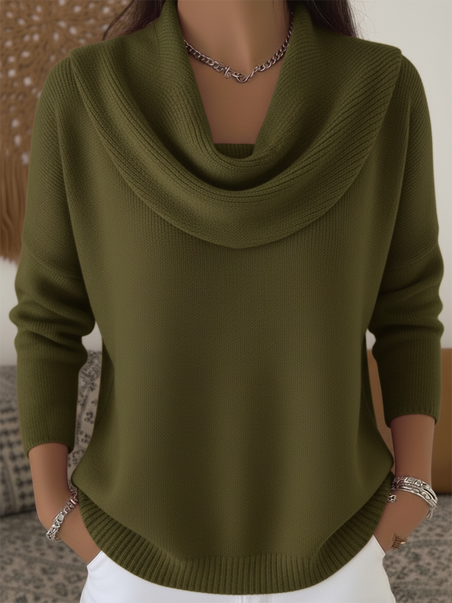 Suéter de Punto Acanalado Cómodo para Mujeres con Cuello de Capucha, Manga Larga y Dobladillo Curvado en Estilo Casual