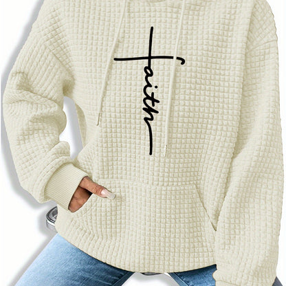 Sudadera gráfica de punto waffle cómoda para mujeres con capucha ajustable, de manga larga y estilo oversized