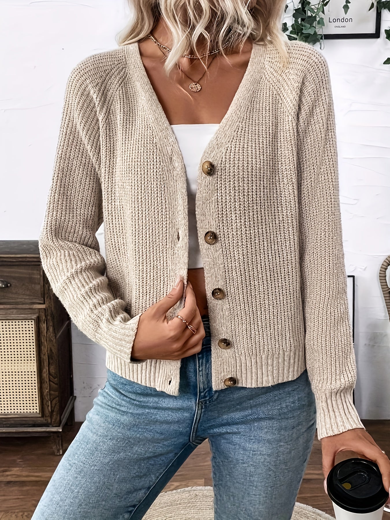 Cárdigan de Punto Acanalado Cómodo para Mujeres con Cuello en V, Manga Larga, Botones Frontal, Estilo Relajado y Corto