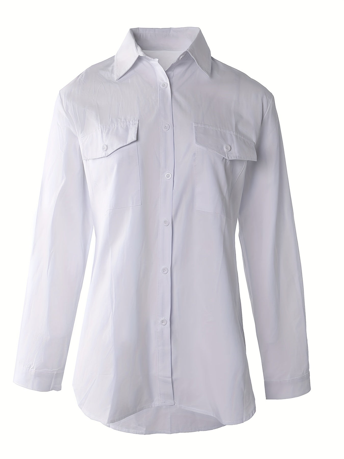 Blusa de Bolsillo Utilitaria sin Esfuerzo para Mujeres con Cuello y Manga Larga de Corte Curvado Relajado