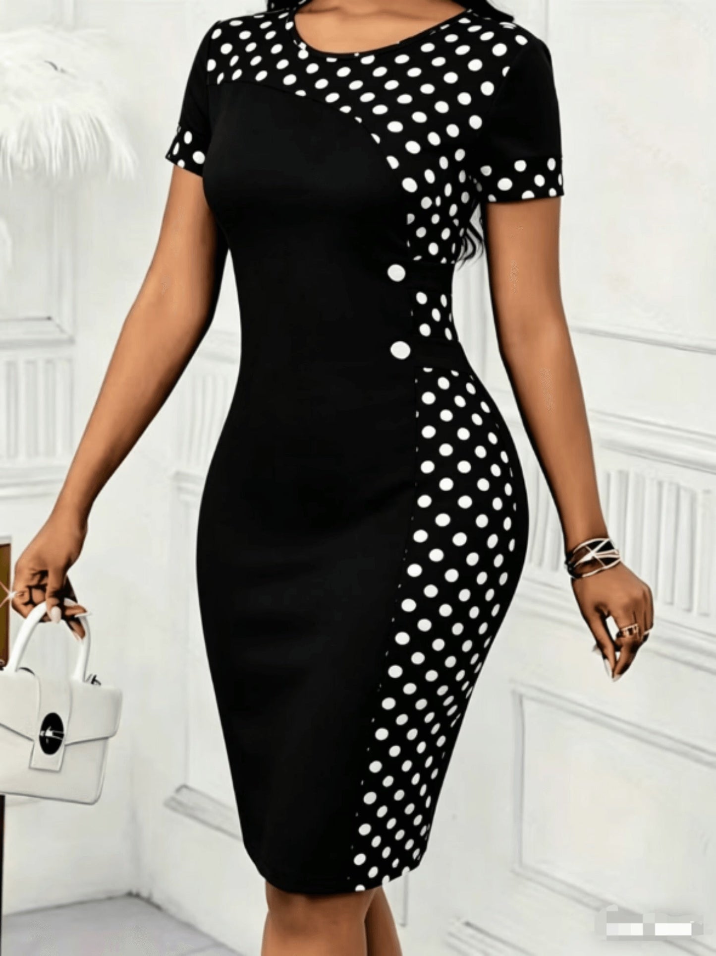 Vestido Midi Elegante de Lunares para Mujeres con Cuello Redondo, Manga Corta, Detalle de Botones, Estilo Cóctel