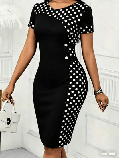 Vestido Midi Elegante de Lunares para Mujeres con Cuello Redondo, Manga Corta, Detalle de Botones, Estilo Cóctel