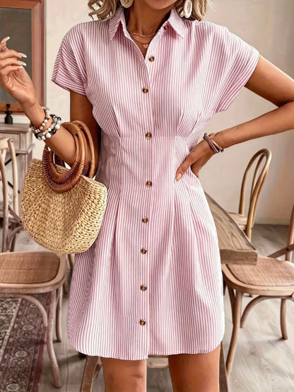 Vestido Camisa A-Line de Manga Corta a Rayas Elegante para Mujeres, Vestido Casual de Oficina de Verano de Cintura Alta con Botones en Pastel Claro, Fabricado en Poliéster Cómodo, Estilo Francés, Color Sólido, Vestido Camisa para Mujeres, Vestido Camisa C