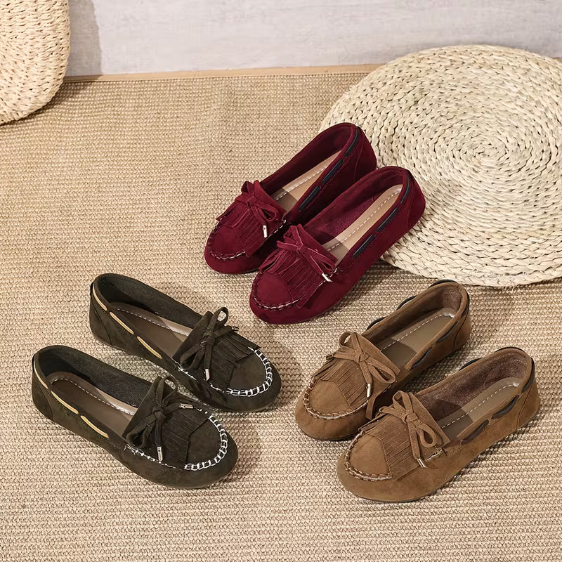 Zapatos de Casa Cómodos para Mujeres con Moño de Flecos Estilo Mocasín Sin Cordones