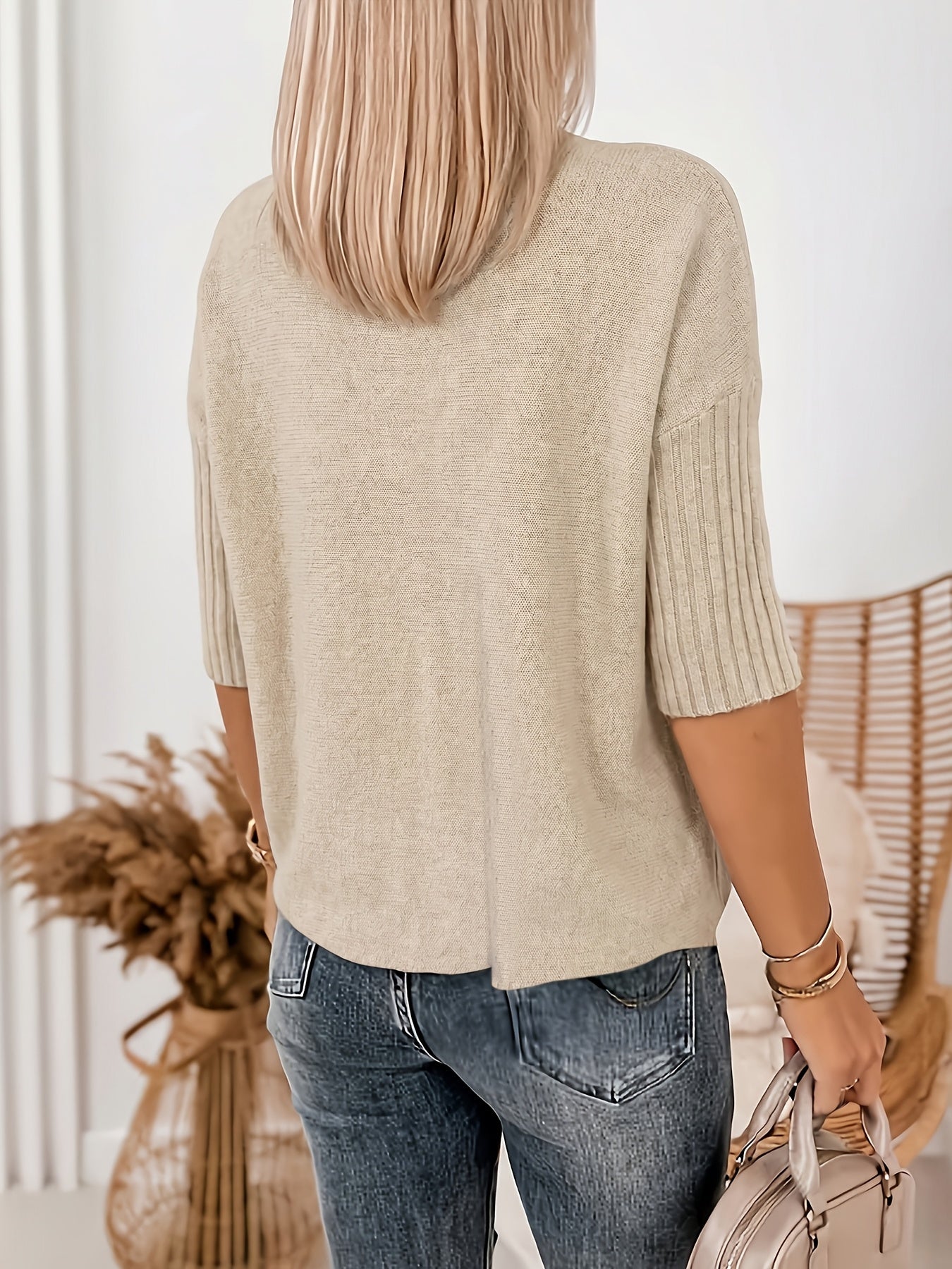 Suéter Acogedor de Canalé para Mujeres con Cuello Alto y Mangas de Codo, Estilo Relajado y Oversized