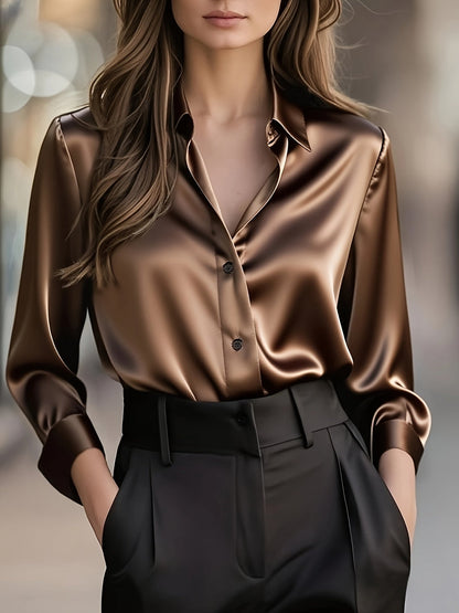 Blusa de Satén Elegante para Mujeres con Cuello, Manga Larga y Botones, Estilo Relajado y Sedoso