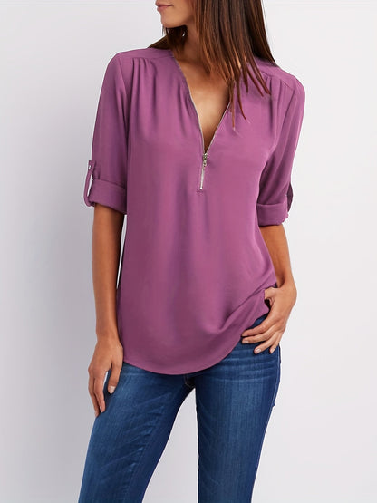 Blusa Frontal con Cremallera Sin Esfuerzo para Mujeres con Cuello en V y Manga con Tabulador, Estilo Túnica Relajada
