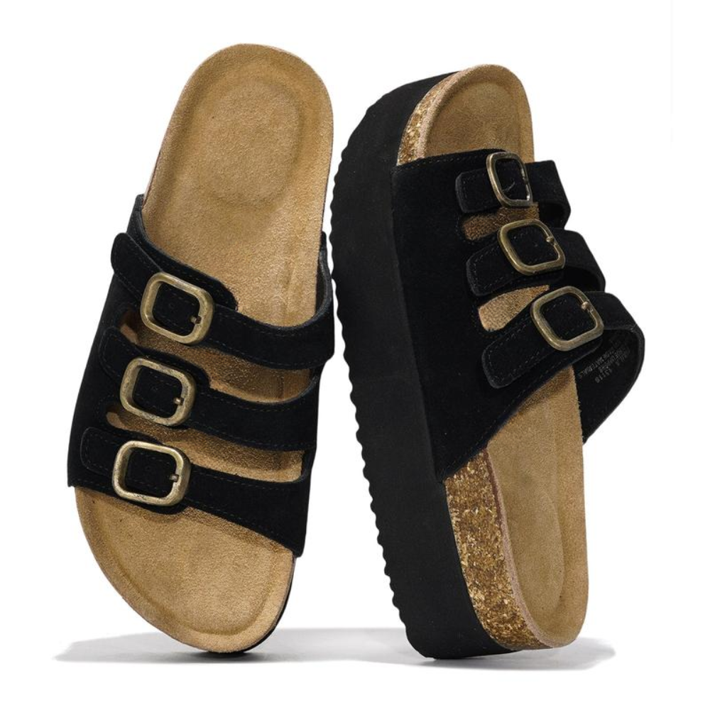 Sandalias de Plataforma Cómodas para Mujeres con Correa de Triple Hebilla y Plantilla de Corcho