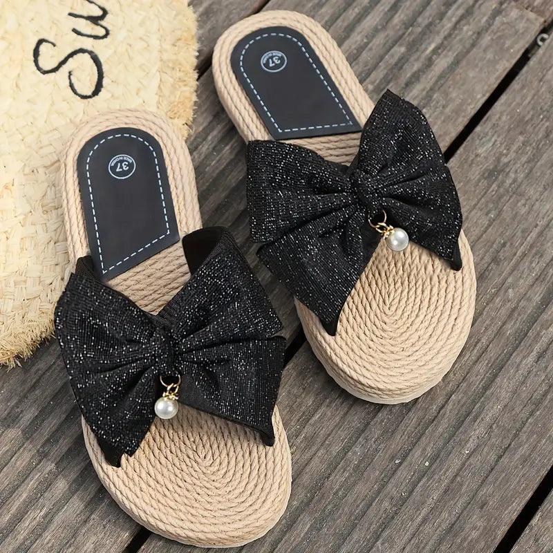 Sandalias Planas Cómodas para Mujeres con Detalle de Lazo y Acabado de Espadrille, Estilo Abierto y Sin Cierre
