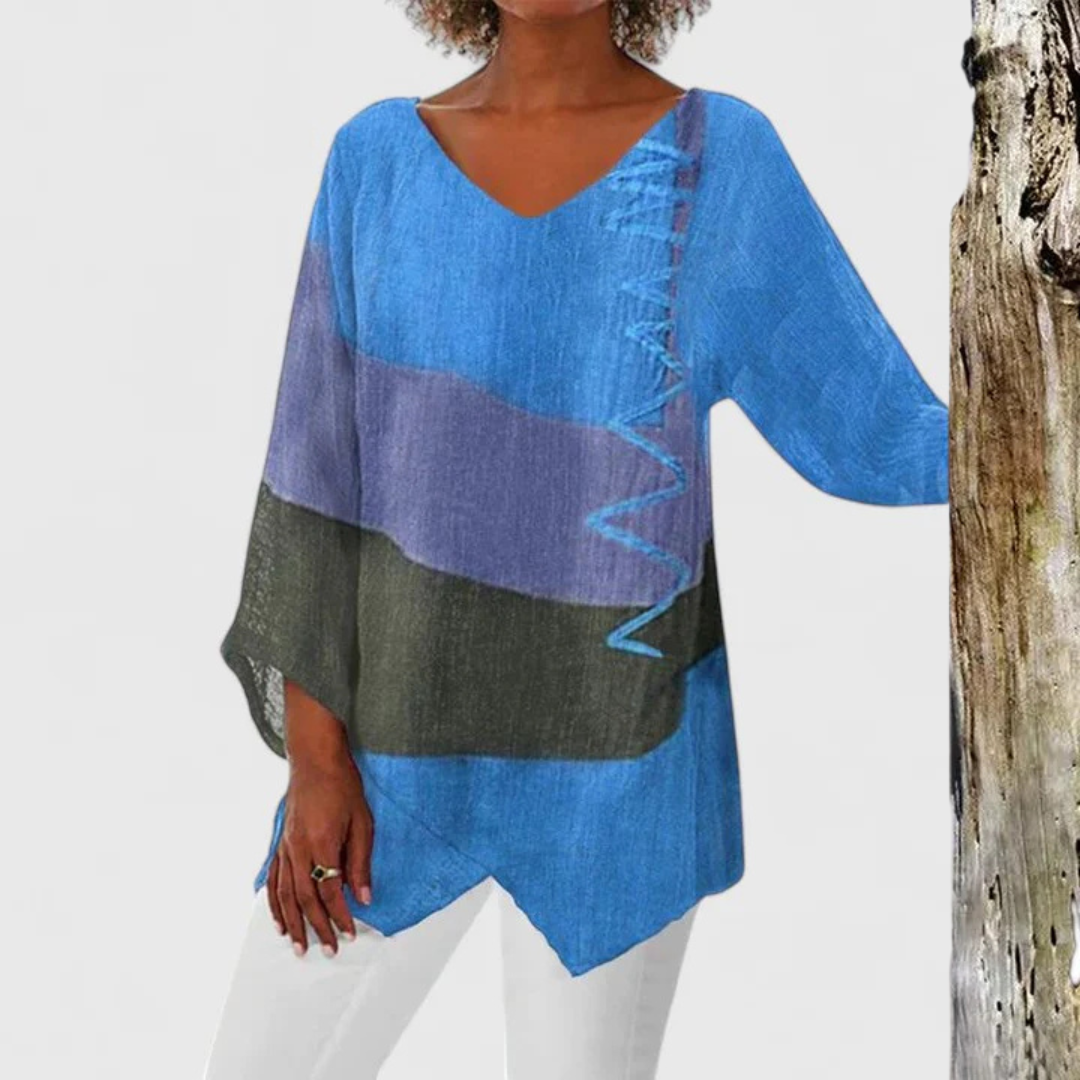 Túnica de Lino Colorblock Sin Esfuerzo para Mujeres con Cuello en V, Manga Murciélago y Dobladillo Asimétrico Estilo Bohemio