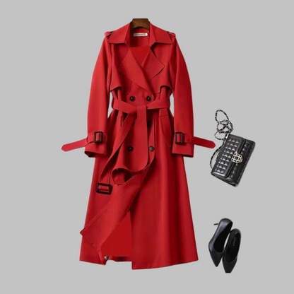 Abrigo Trench Elegante para Mujeres con Solapa Cortada, Manga Larga, Doble Botonadura y Cinturón, Estilo Fluido