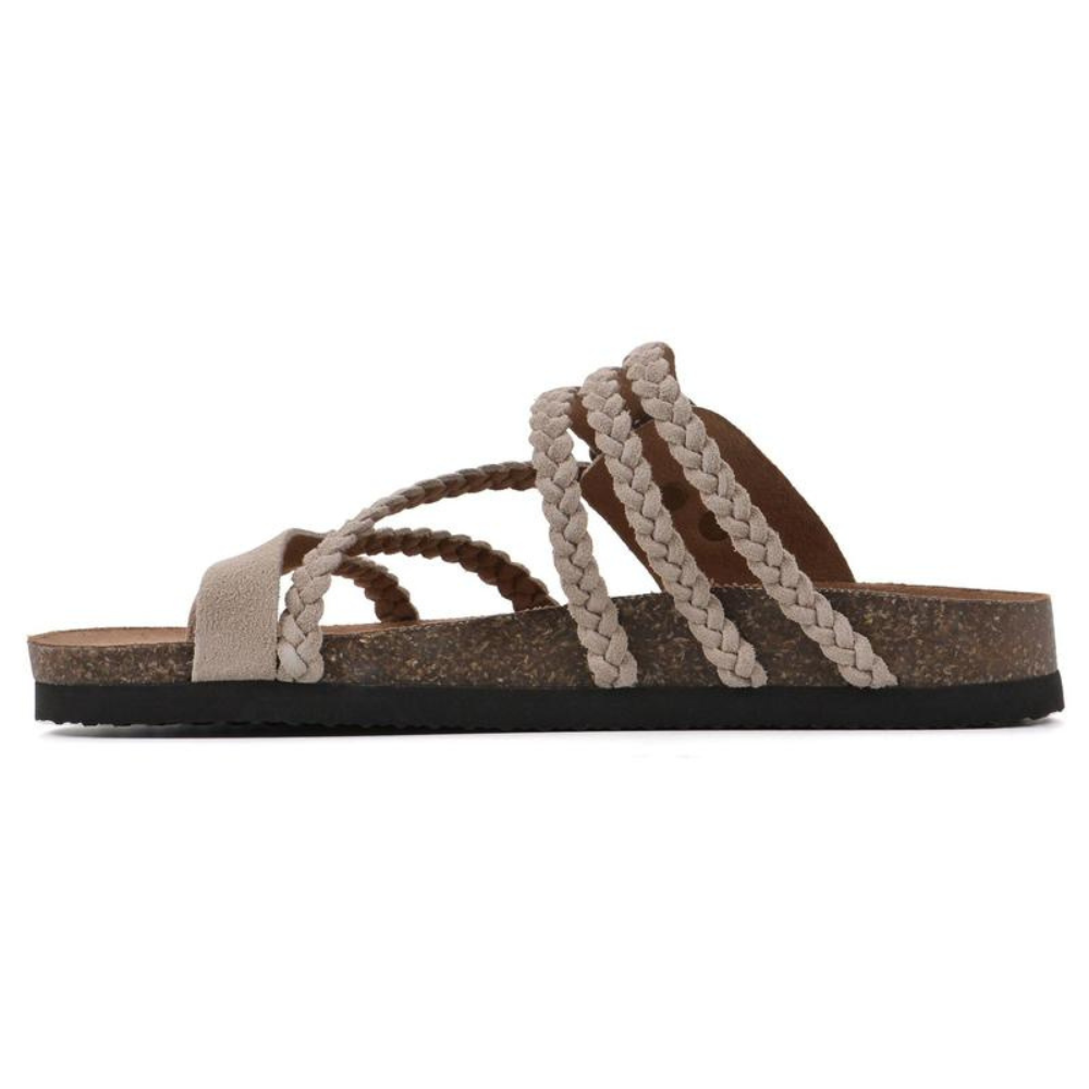 Sandalias Cómodas para Mujeres con Correa de Hebilla y Dedo Trenzado, Plantilla de Corcho, Estilo Deslizante