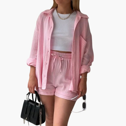 Conjunto de Dos Piezas de Algodón Arrugado Sin Esfuerzo para Mujeres con Pantalones Cortos con Cintura Ajustable y Estilo Relajado