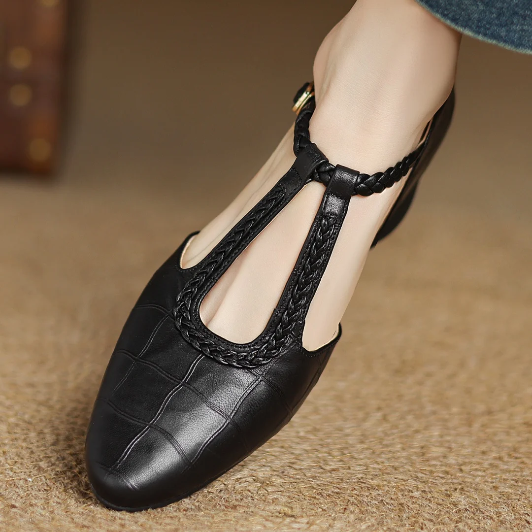 Elegantes Flats de Cuero con Estampado de Cocodrilo y T-Strap para Mujeres con Punta Afilada y Tacón Bloque