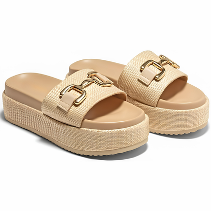 Sandalias de Deslizamiento Cómodas para Mujeres con Correa Tejida y Detalle de Hebilla Dorada, Estilo de Plataforma Abierto
