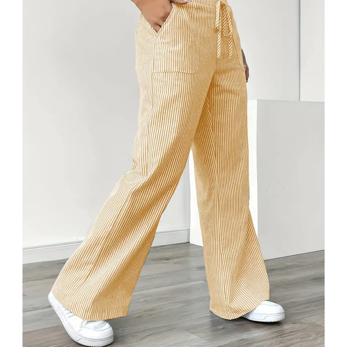Pantalones Anchos a Rayas para Mujeres con Cintura Alta y Cuerda, Estilo Casual Relajado