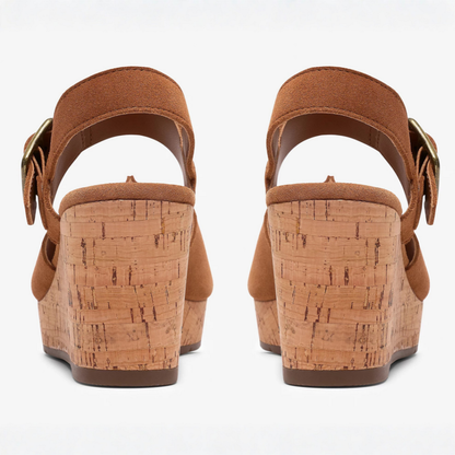 Sandalias de cuña cómodas para mujeres con tiras en el tobillo y punta abierta, estilo plataforma de corcho