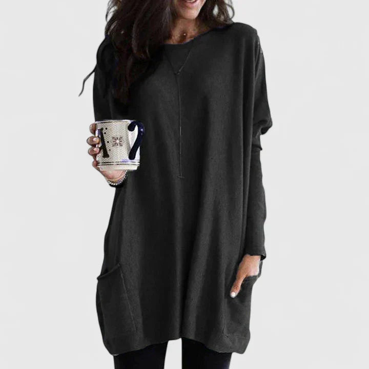 Vestido de Suéter Cómodo para Mujeres con Cuello Redondo, Manga Larga, Bolsillo Frontal, Estilo Oversized
