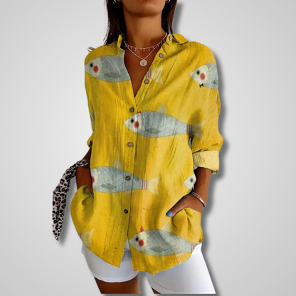 Blusa de Estampado de Parchwork Sin Esfuerzo para Mujeres con Cuello, Manga Larga, Botones en la Parte Frontal, Estilo Casual Relajado