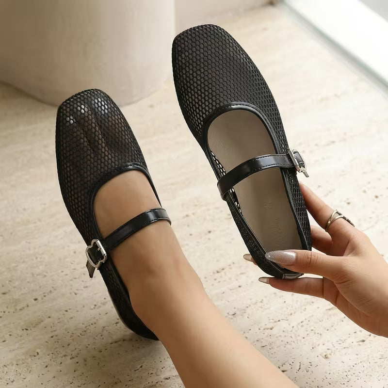Zapatos Mary Jane Cómodos para Mujeres con Correa de Hebilla de Malla Tejida Estilo Plano