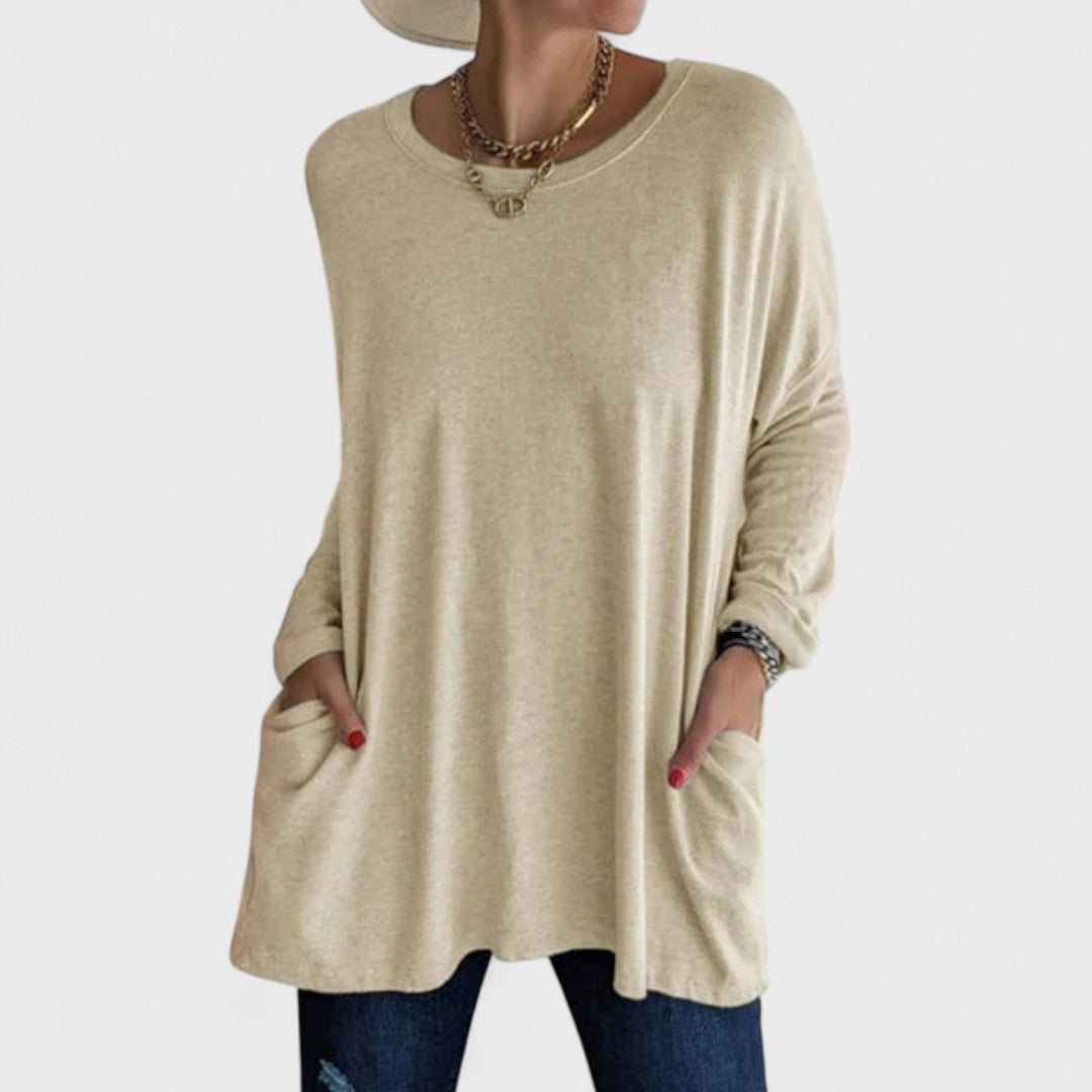 Túnica Oversized Sin Esfuerzo para Mujeres con Cuello Redondo, Manga Larga, Bolsillos Laterales y Estilo Relajado