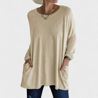 Túnica Oversized Sin Esfuerzo para Mujeres con Cuello Redondo, Manga Larga, Bolsillos Laterales y Estilo Relajado
