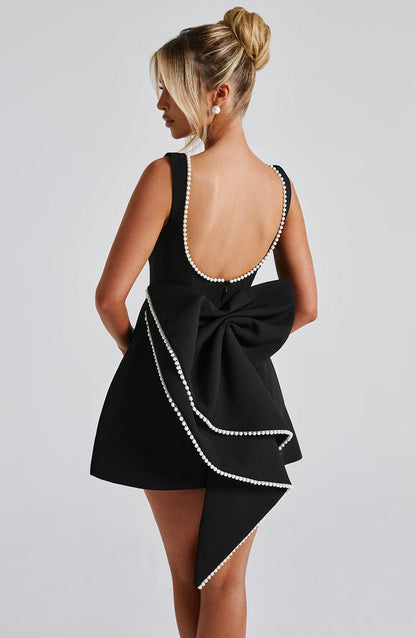 Vestido Mini Elegante con Ribete de Perlas y Lazo para Mujeres con Cuello Barco Sin Mangas Estilo Cóctel