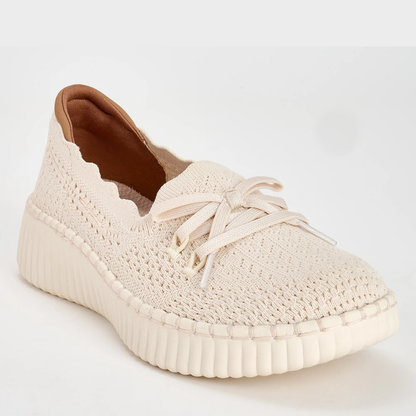 Mocasines Cómodos para Mujeres con Parte Superior de Tejido de Puntas Onduladas y Detalle de Lazo, Estilo Plataforma Slip On