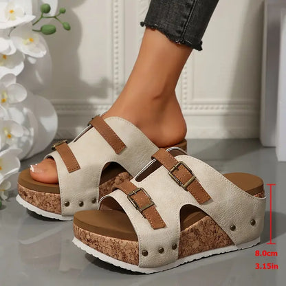 Sandalias de plataforma beige cómodas para mujeres con doble correa y hebilla, suela de corcho y estilo de punta abierta