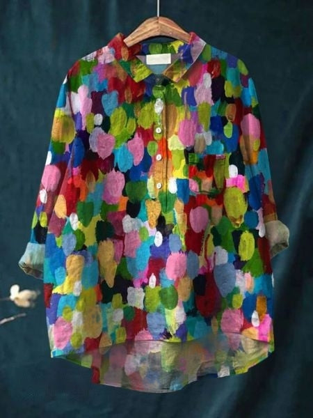 Blusa Floral Impresa Sin Esfuerzo para Mujeres con Cuello, Manga Larga, Botones en el Frente, Estilo Relajado