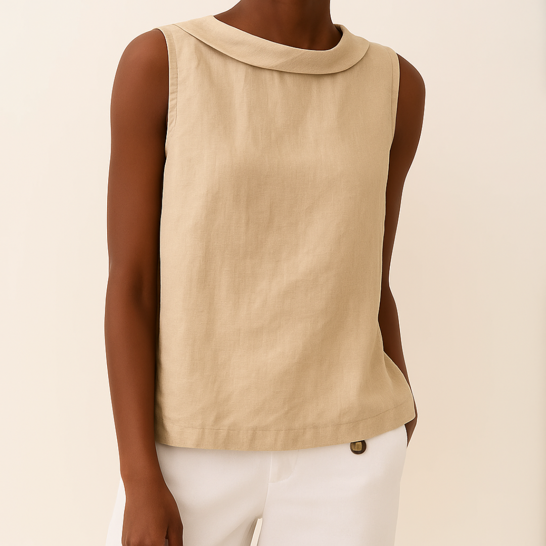 Blusa de Lino Sin Esfuerzo para Mujeres con Cuello Drapado, Sin Mangas y Dobladillo Curvo, Estilo Casual