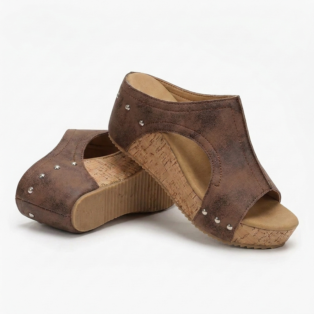 Sandalias Wedge Cómodas para Mujeres con T Strap de Tachuelas y Plataforma de Corcho con Punta Abierta