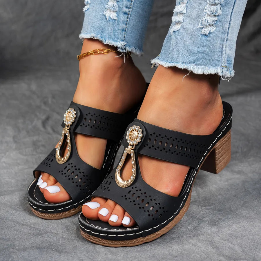 Mules cómodos con tacón para mujeres con detalle de anillo de metal, tacón bloque, estilo abierto y fácil de poner
