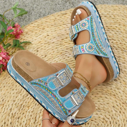 Sandalias de Deslizamiento Cómodas para Mujeres con Estilo de Plataforma Abierta y Correa Doble con Hebilla Impresa