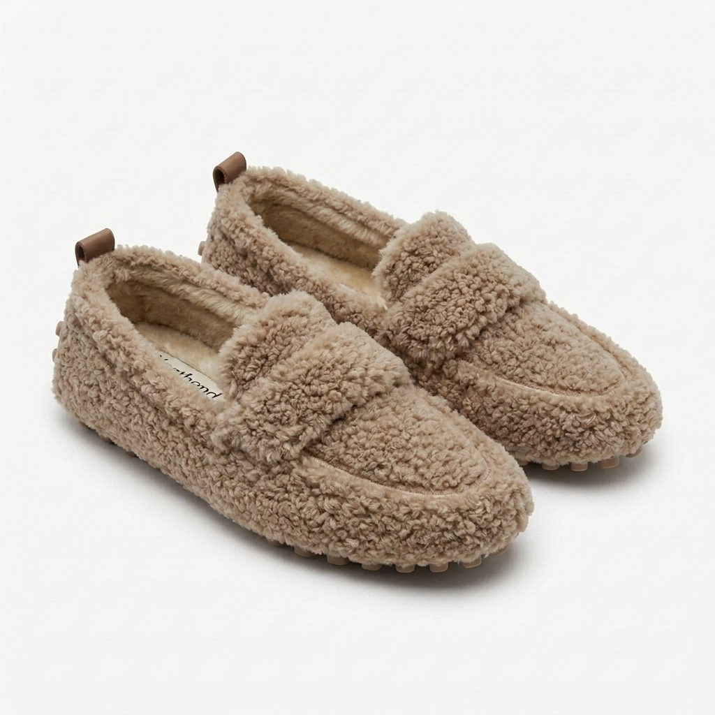 Zapatos de Casa Cómodos para Mujeres con Parte Superior de Piel Sintética Rizada, Estilo Mocasín, Suela de Goma, Slip On