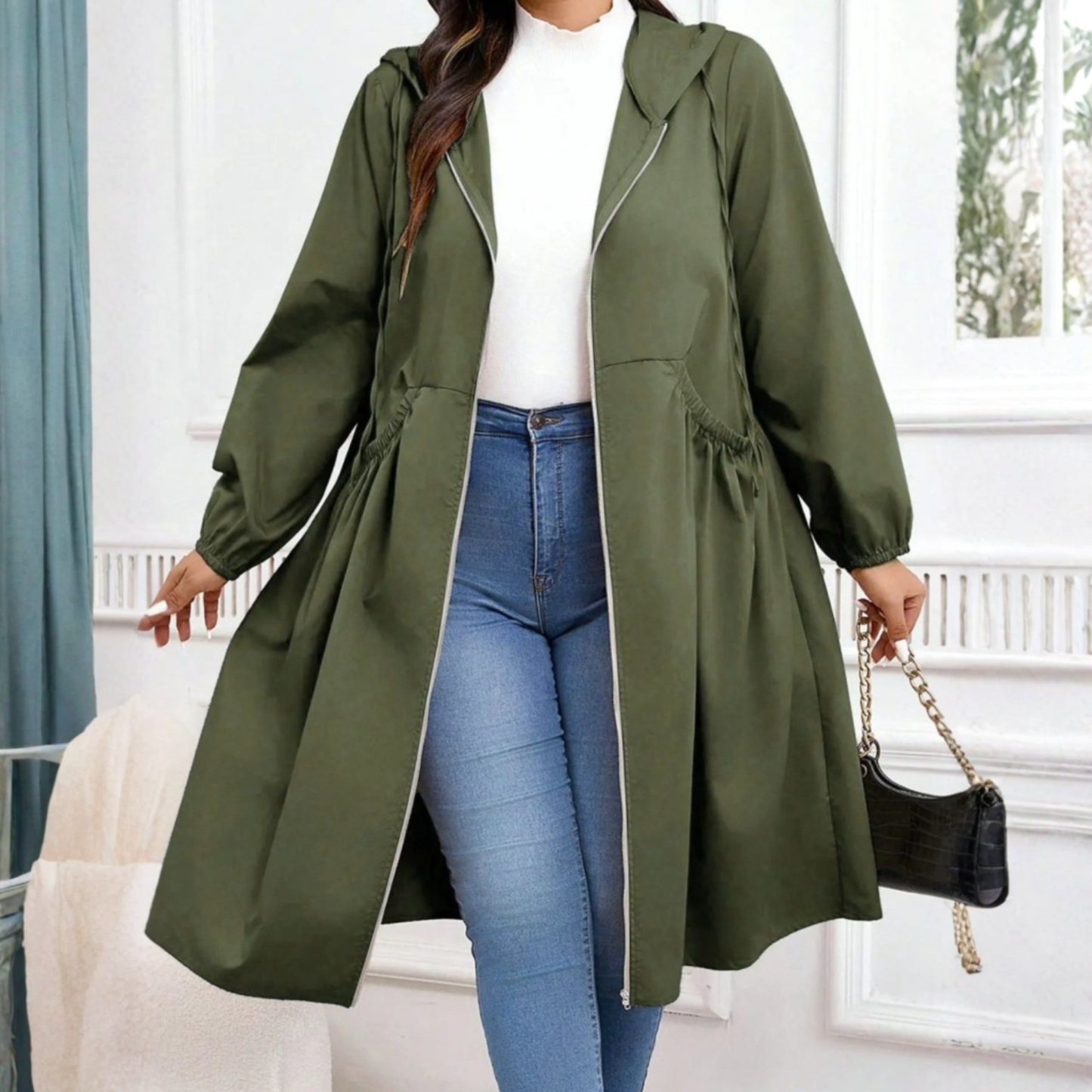 Abrigo Trench Plus Size Sin Esfuerzo para Mujeres con Capucha, Manga Larga, Cintura con Cordón, Cierre Frontal, Estilo Relajado