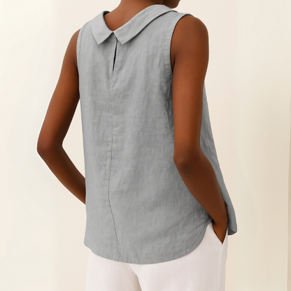 Blusa de Lino Sin Esfuerzo para Mujeres con Cuello Drapado, Sin Mangas y Dobladillo Curvo, Estilo Casual