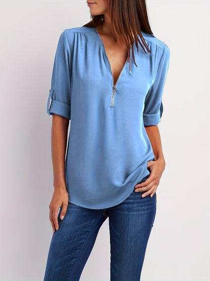 Blusa Frontal con Cremallera Sin Esfuerzo para Mujeres con Cuello en V y Manga con Tabulador, Estilo Túnica Relajada