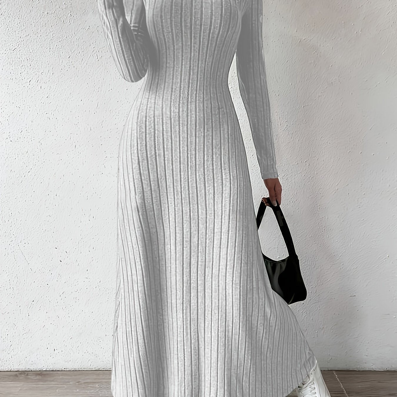 Elegante Vestido Largo de Punto Acanalado para Mujeres con Escote en V y Manga Larga Ajustado y Fluido