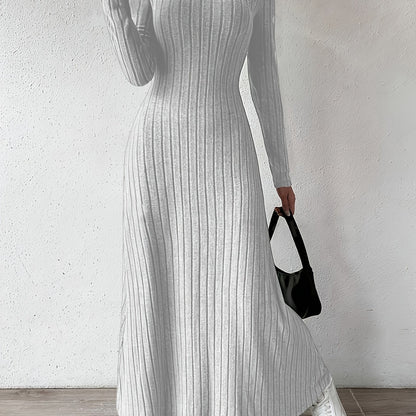 Elegante Vestido Largo de Punto Acanalado para Mujeres con Escote en V y Manga Larga Ajustado y Fluido