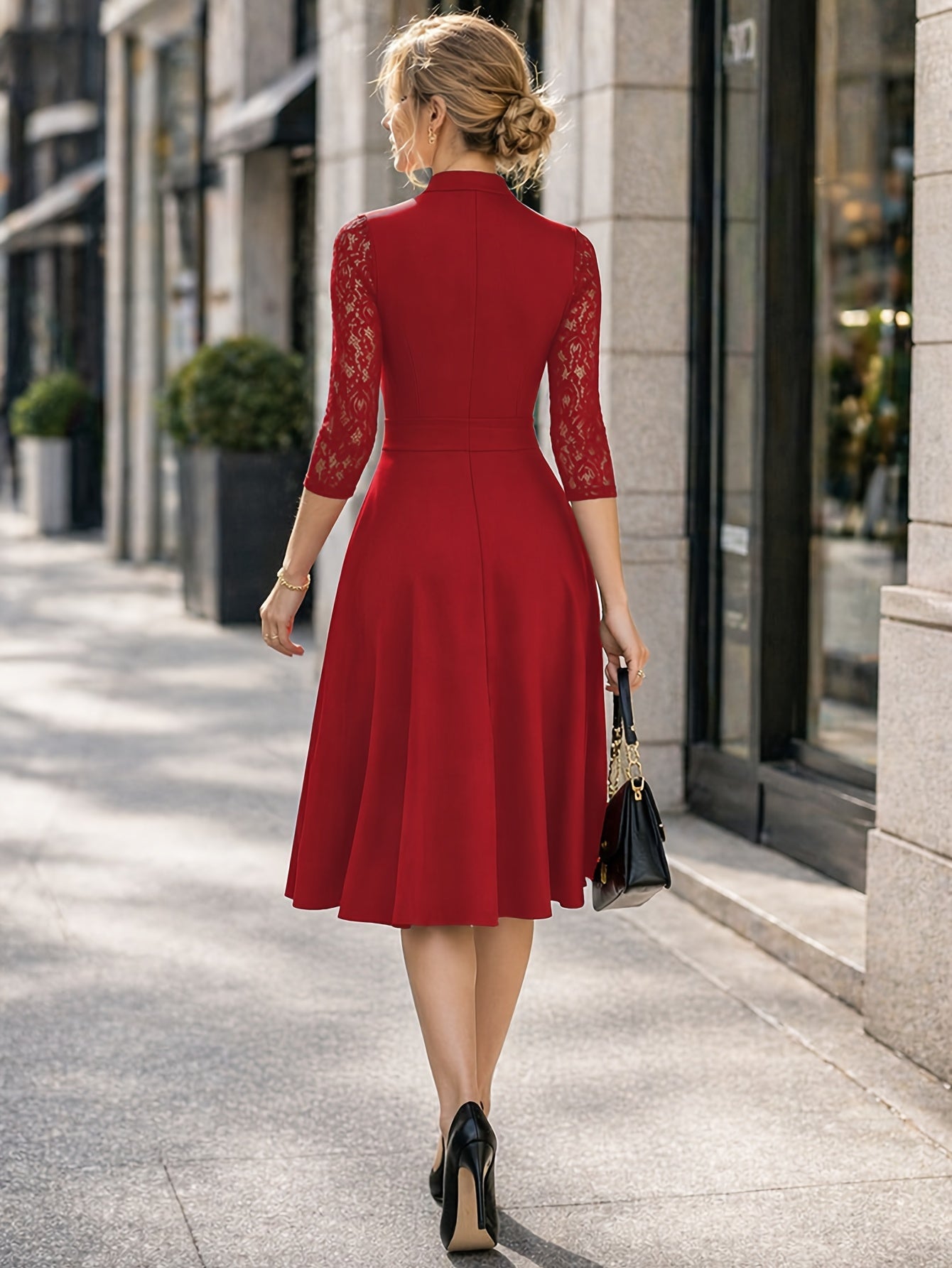 Vestido Midi Elegante con Encaje para Mujeres con Cuello en V Notch y Mangas Tres Cuartos, Estilo Fit and Flare para Cócteles
