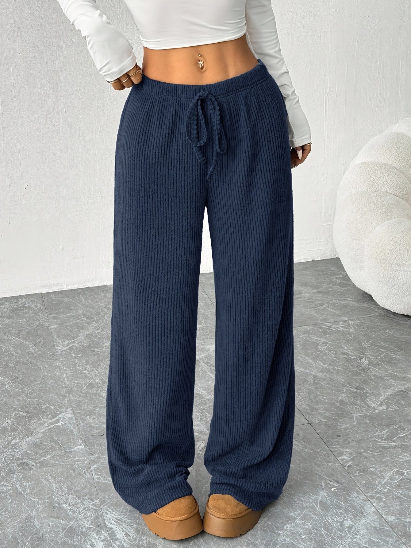Pantalones Anchos de Punto Acanalado para Mujeres con Cintura Alta y Cuerda de Ajuste, Estilo Casual Relajado