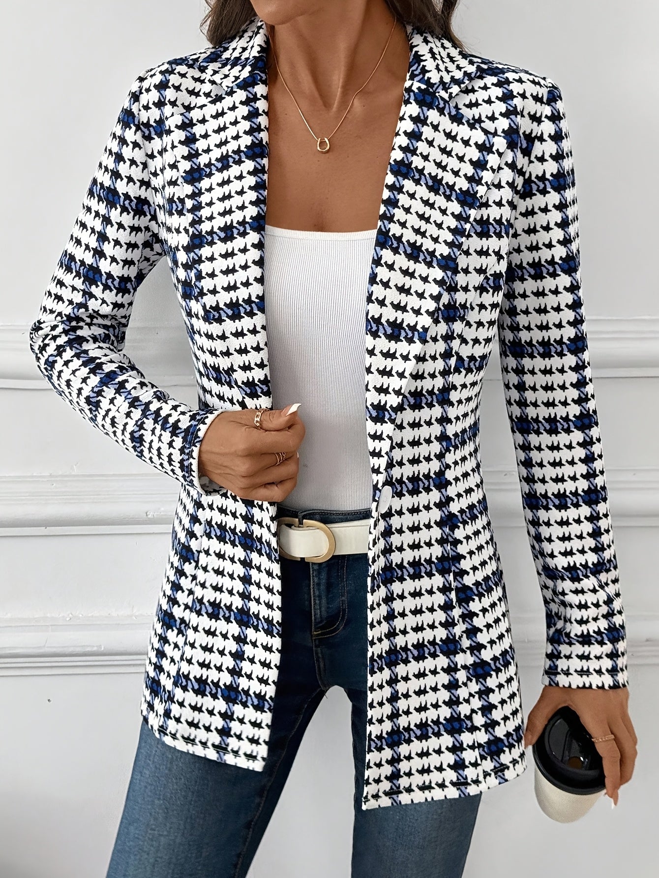 Blazer de Cuadros Elegante para Mujeres, Blazer de Manga Larga Versátil para el Día a Día, Blazer Clásico de Cuadros para Viajar, Blazer de Otoño para Mujeres, Blazer de Cuadros, Blazer de Pied de Poule