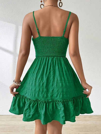Vestido Mini Fruncido Sin Esfuerzo para Mujeres con Escote Cuadrado, Tirantes de Espagueti y Volantes en Estilo Bohemio