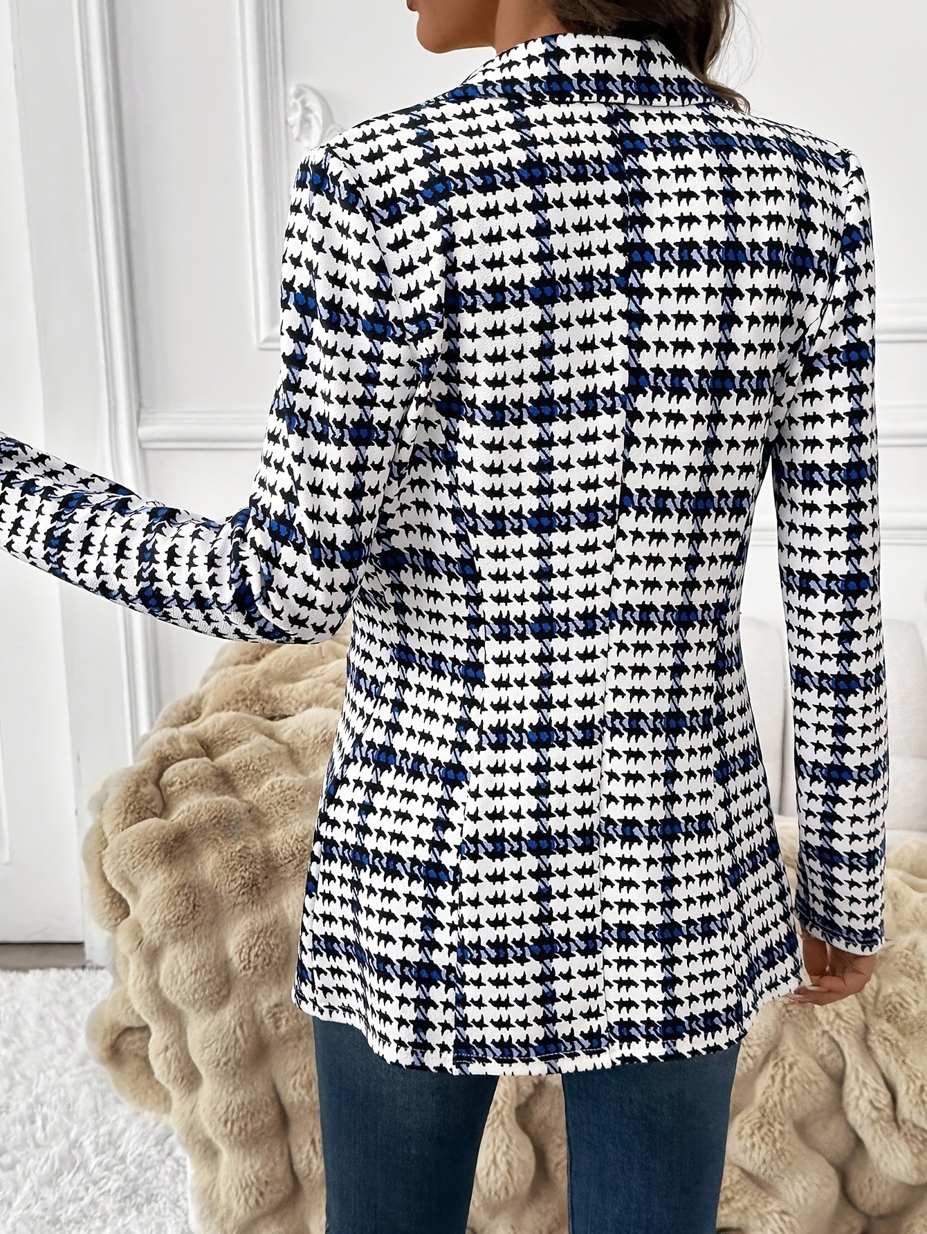 Blazer de Cuadros Elegante para Mujeres, Blazer de Manga Larga Versátil para el Día a Día, Blazer Clásico de Cuadros para Viajar, Blazer de Otoño para Mujeres, Blazer de Cuadros, Blazer de Pied de Poule