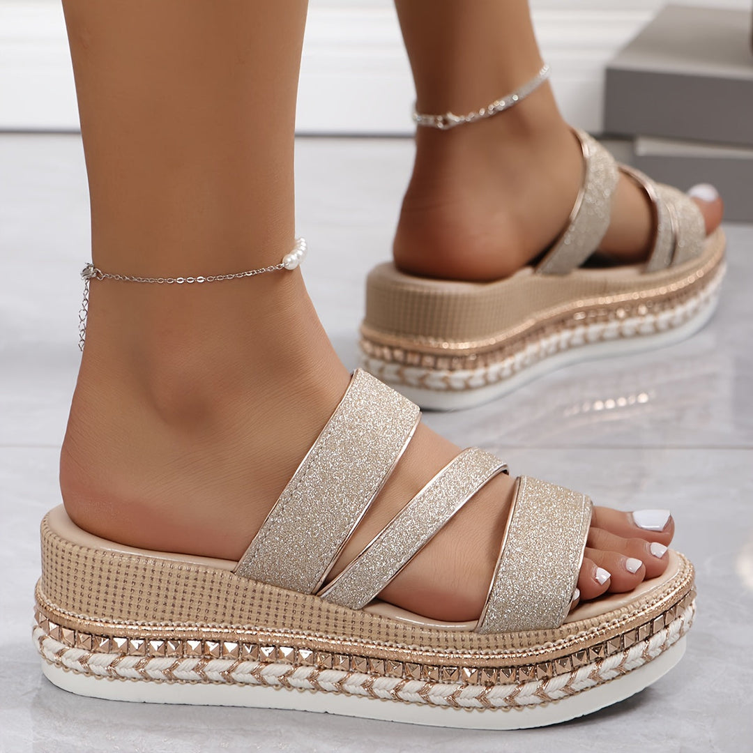 Sandalias de Plataforma de Oro Cómodas para Mujeres con Doble Correa Estilo Espadrille Trenzado