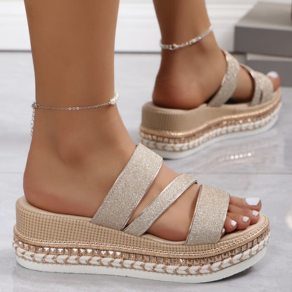 Sandalias de Plataforma de Oro Cómodas para Mujeres con Doble Correa Estilo Espadrille Trenzado
