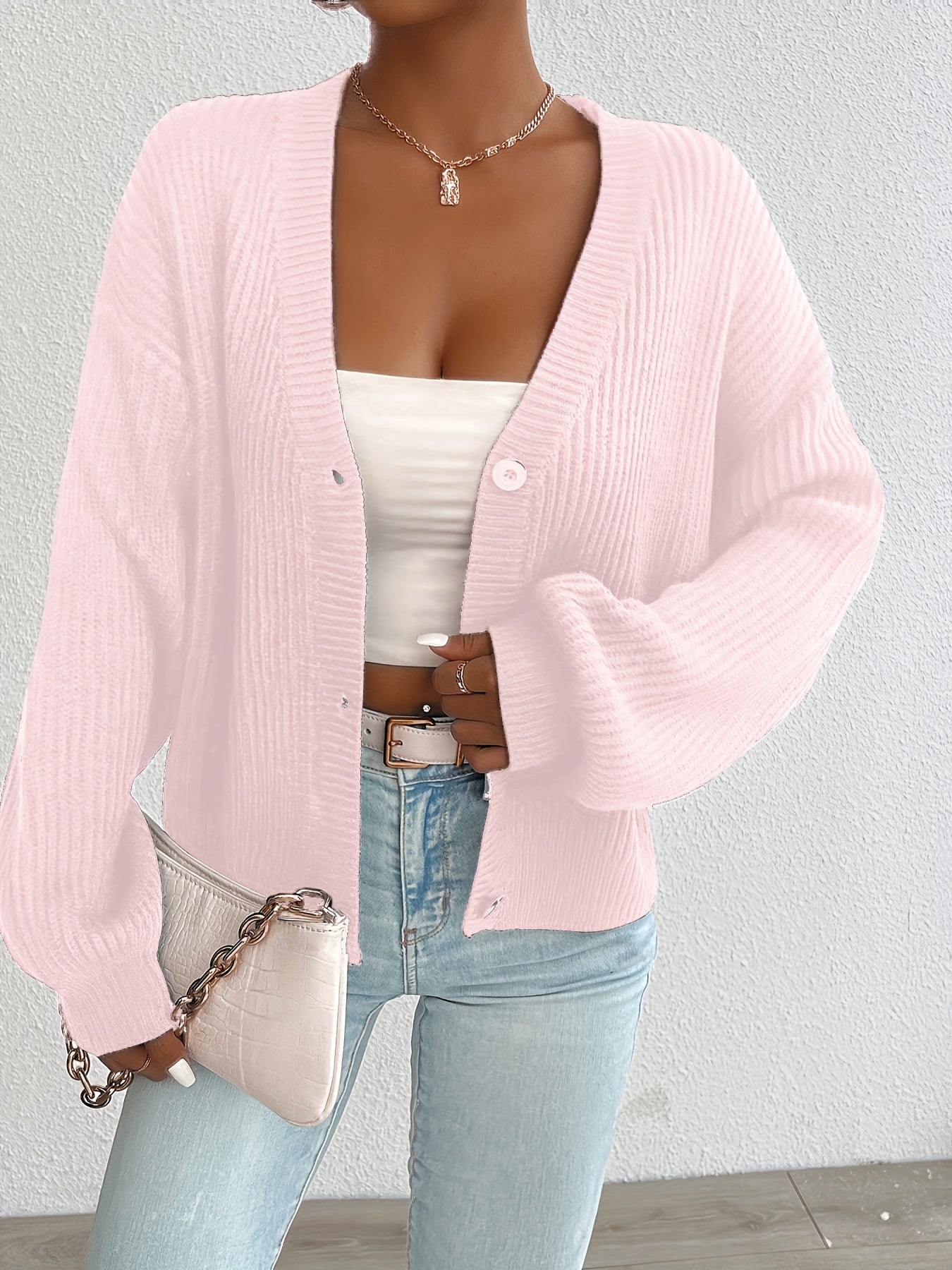 Cárdigan de Punto Acanalado Cómodo para Mujeres con Cuello en V, Manga Larga, Botones en la Parte Frontal, Estilo Oversized y Relajado