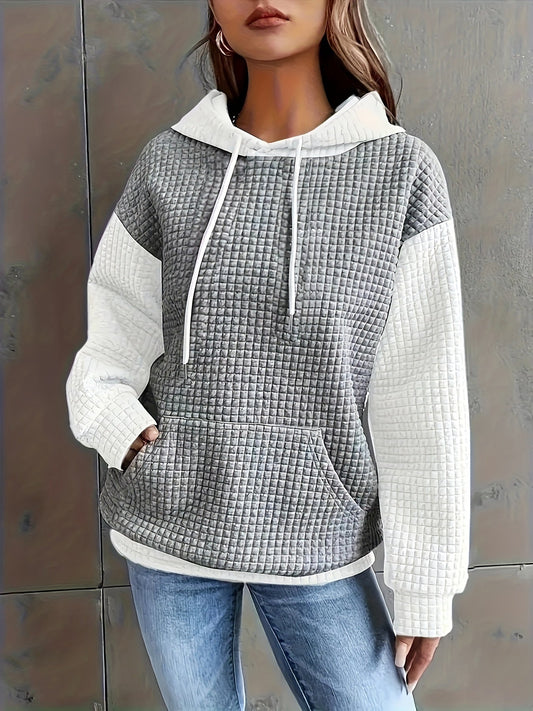 Sudadera Texturizada Colorblock Cómoda para Mujeres con Capucha Ajustable, Manga Larga y Bolsillo Canguro, Estilo Oversized
